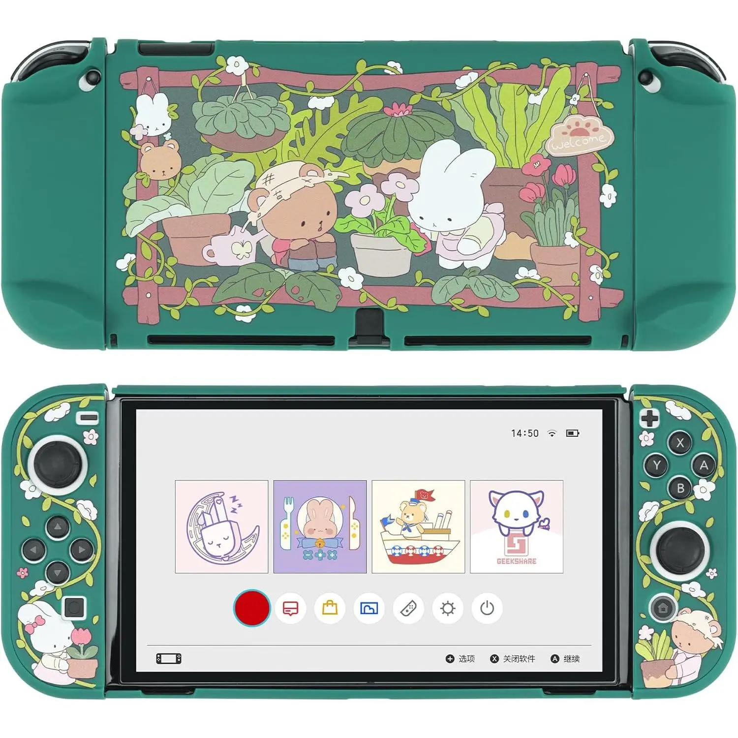 Protective Case Slim Cover Case Compatible with Switch OLED and Joy Con - Shock-Absorption and Anti-Scratch Skin Case for OLED Switch - Bunny Garden