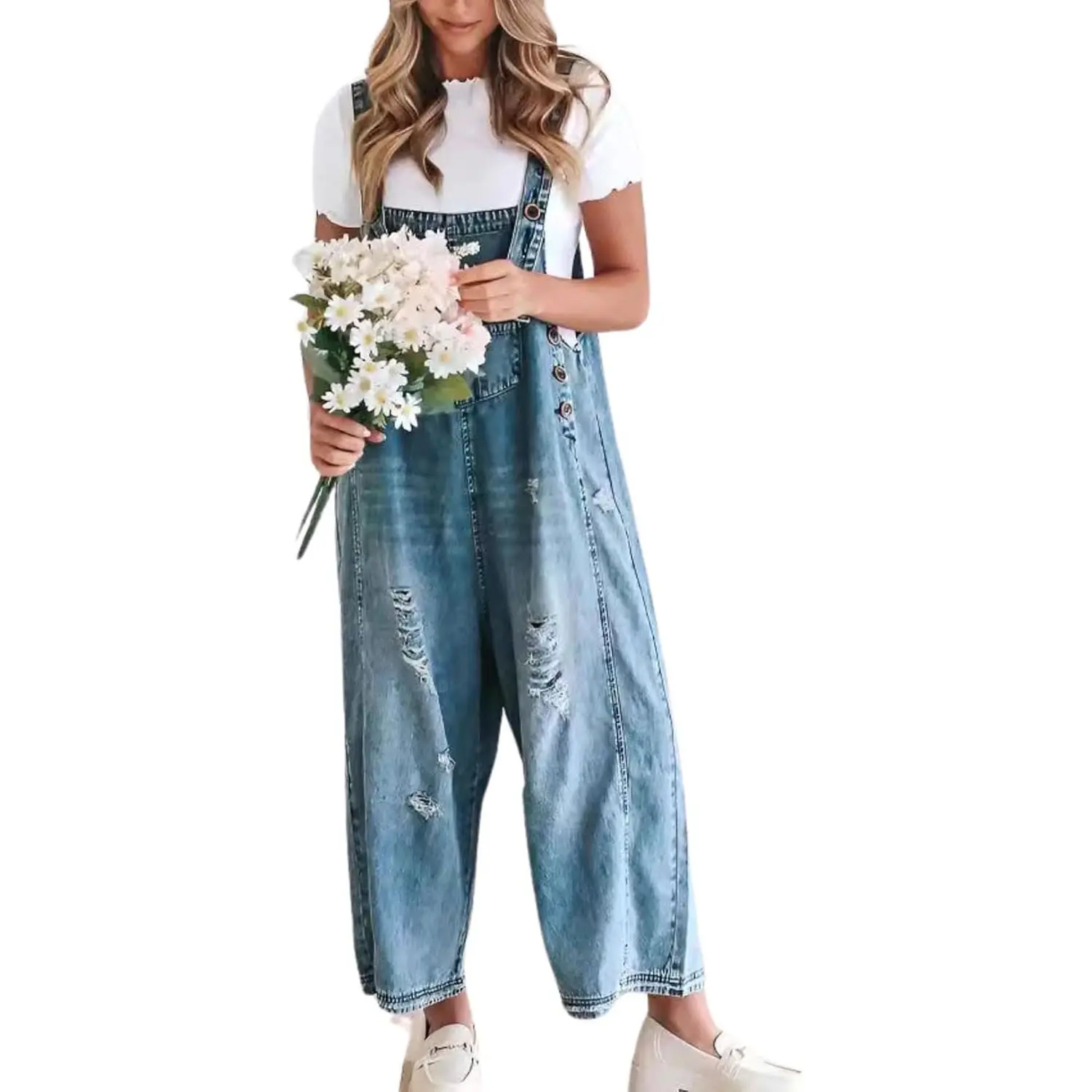 Loveimgs Women's Distressed Wide-Leg Overalls — Loose-Fit Denim Jumpsuit with Adjustable Straps Casual Blue