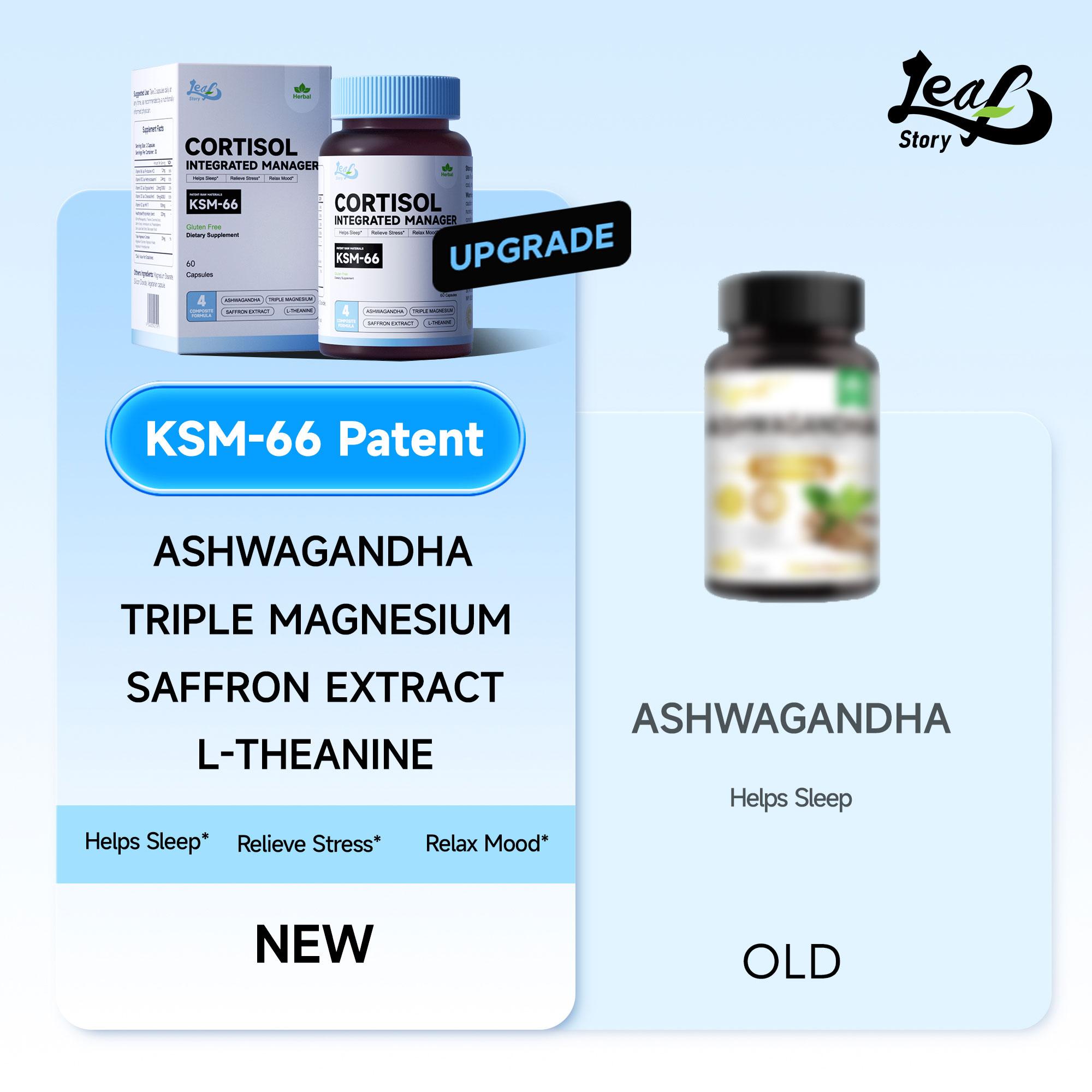 LeafStory Cortisol Supplement, 4 In 1 Cortisol Manager 60 Ct, Ksm-66 Ashwagandha Extract, Magnesium, L-Theanine & Blende