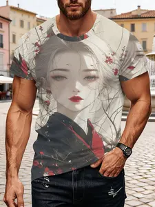 Men's Japanese Ukiyo-E T-Shirt, Vintage Plum Blossom & Elegant Pattern, Casual Round Neck Short Sleeve Top, Streetwear Fashion