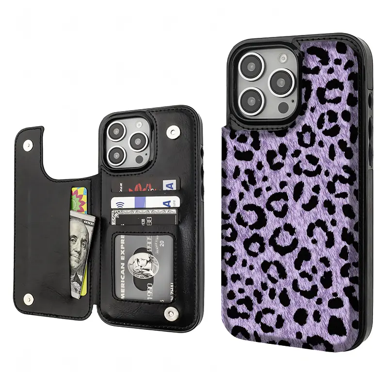 Purple leopard print  Pattern Phone Cases Compatible For With iphone 17 16 15 14 13 12 PRO PLUS MAX AIR PU Black Brown Pink Durable Flip High quality Leather Credit Card Bag Holder Mother Gift Wallet Shockproof Anti-Drop Full Protection Shell Cover