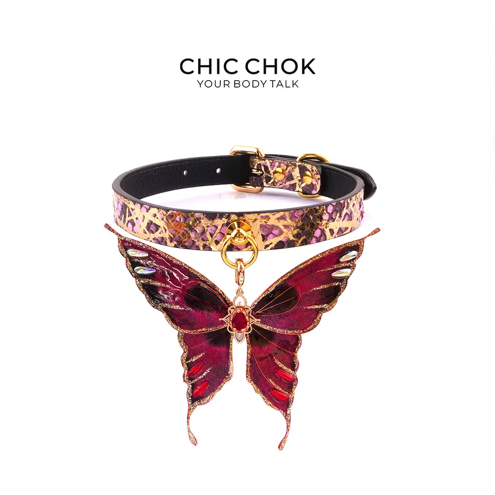 Amnesiac Butterfly Transformation Long Choker Necklace - CHIC CHOK Elegant Burgundy Leather, Gold Accents, Large Ornate Pendant, 14.55-17 in, Daily Wear Fashion Costume Jewelry, Amnesiac Butterfly Choker