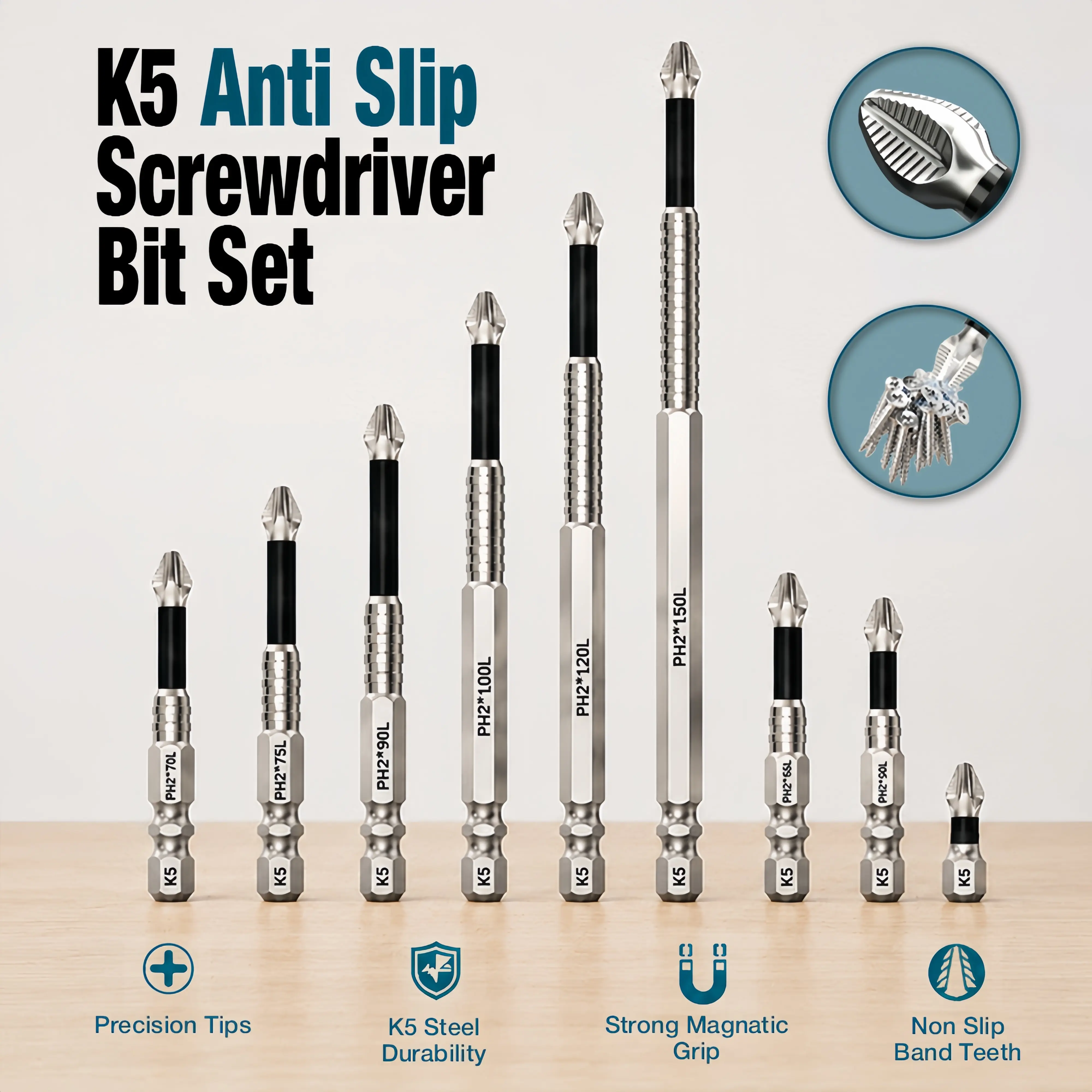 9-Piece Strong Magnetic Screwdriver Bit Set, K5 Impact-Resistant Anti-Slip Bits—Power Tool Accessories for Home Repair and DIY