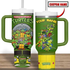 Teenage Mutant Ninja Turtles Tumbler 40oz with Handle, TMNT Cartoon Cup, Leonardo Michelangelo Donatello Raphael Fan Gift, Retro 80s Action Hero Mug, Pizza Lover Travel Mug, Stainless Steel Tumbler