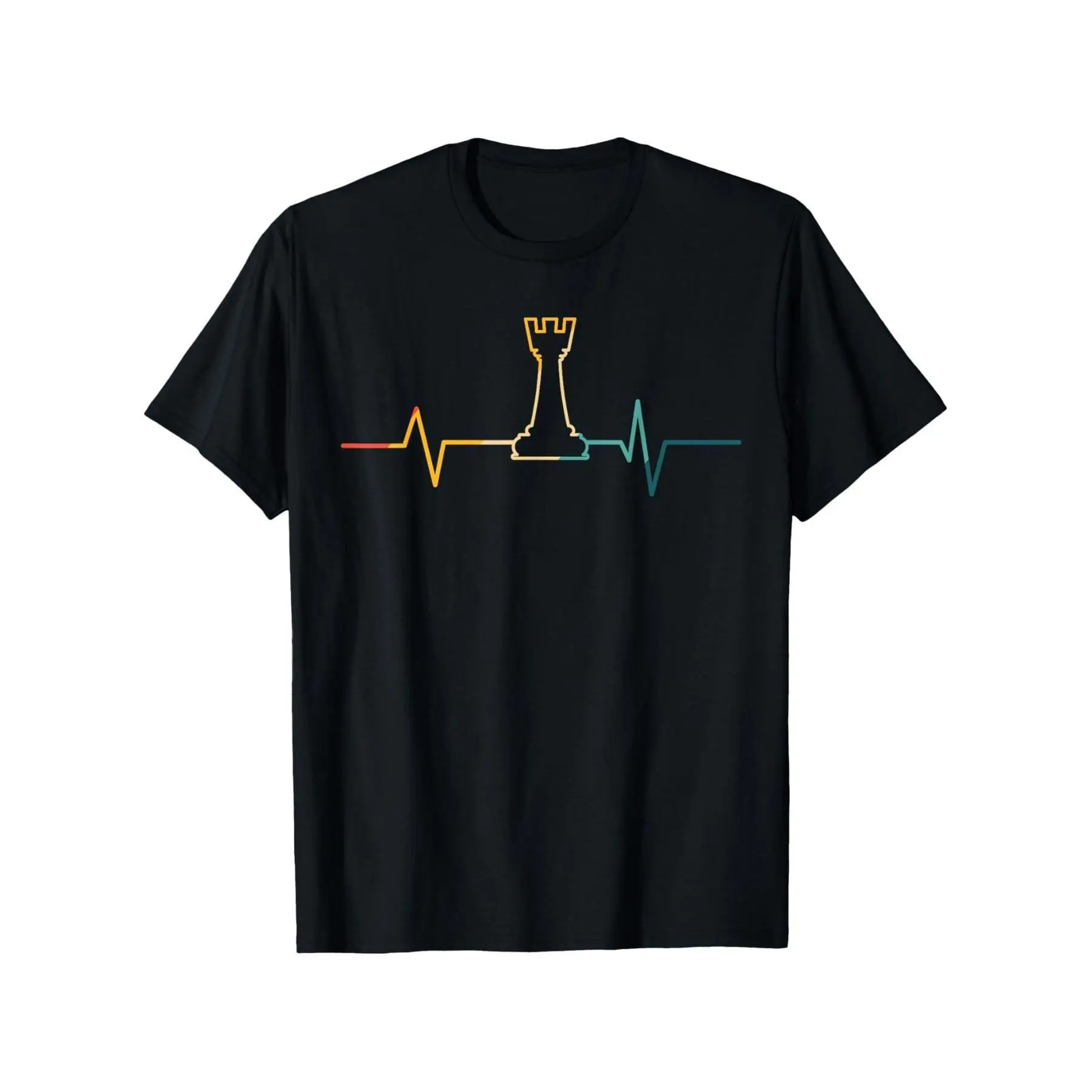 Chess Lover T-Shirt - Heartbeat, Chess Piece, Rook Castle, ECG Graphic Tee - 180gsm Heavyweight Cotton for Men & Women (S-XXXL) - Black with Yellow Rook - Chess Gift for Players, Everyday Casual