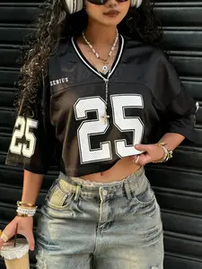 Women's Retro Sporty Cropped Jersey, 23 Number Graphic V-Neck Mesh Short Sleeve T-Shirt, Streetwear Apparel For Daily Outfit