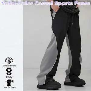 Men's two-tone stitching straight pants, drawstring elastic waist design sports pants, casual large pocket pants men's daily wear trousers suitable for all seasons
