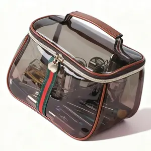 New Retro Vintage Vanity Bag, Large Capacity Makeup Organizer for Women, Waterproof Transparent Toiletry Bag, Portable Skincare Storage Case, Travel Cosmetic Bag for Ladies (Brown) Zip