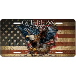 God Bless America license plate 6x12.American flag  bald eagle.Patriotic front plate for car truck SUV.Durable aluminum USA auto accessory with 4 holes.