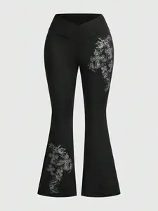 Women's High Waist baggy leggings, Cross Waist Design, Tummy Control & Butt Lift, Floral & Cross Print, Casual Fitted Leggings Bottom