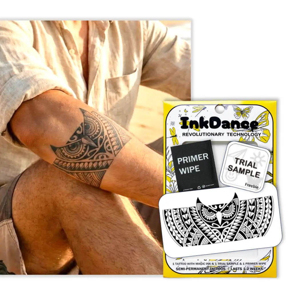 InkDance Semi-Permanent Tribal Guardian Owl Armband Tattoo for Men, Waterproof Plant-Based Ink, All Skin Types, 1-2 Weeks Long-Lasting, Color Develops in 24 Hours, Temporary Tattoo D052, Temporary Tattoo Ink
