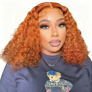 #350 Orange Ginger Deep Wave BOB Wig Human Hair 13x4 HD Lace Frontal Short Curly Ginger Orange Lace Front BOB Wigs For Black Women Human Hair Pre Plucked Wear And Go Glueless Wigs for Beginners  Hd Frontal Wig