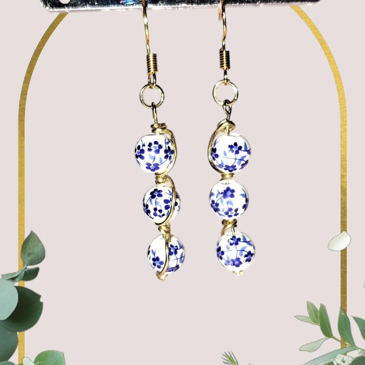 Blue Floral, Gold, Wire Wrapped Earrings