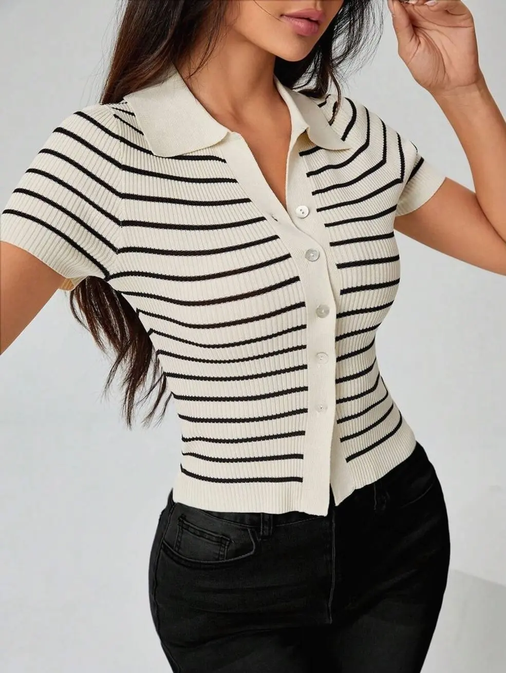 Women's Petite Button Down Sweater, Short Sleeve Preppy Knit Top for School