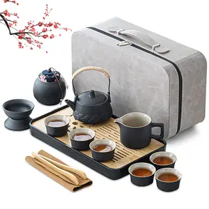Traditional Classic Lightweight Ceramic Kungfu Tea Set for Adults - Black Teapot with Strainer, Tea Cups, Tray, Portable Bag - Ideal Gift for Home, Office