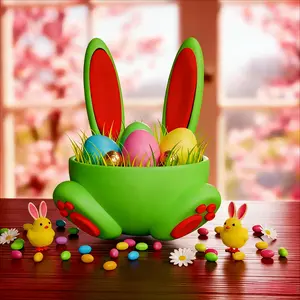 Easter Decoration Gift Candy Egg Storage Basket, Rabbit Ears Storage Box, Round Bunny Candy Basket, Room Decor, Spring Summer Home Decor, Organiser