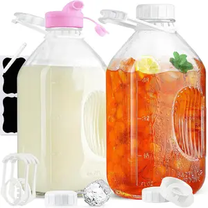1/2 Gallon Glass Milk Bottle with  AIRTIGHT SCREW Lid & Handle - 2 Qt Heavy Duty Glass Water Bottles - Breastmilk Jug Pitcher with Scale Lines, Milk Container for Refrigerator Storage