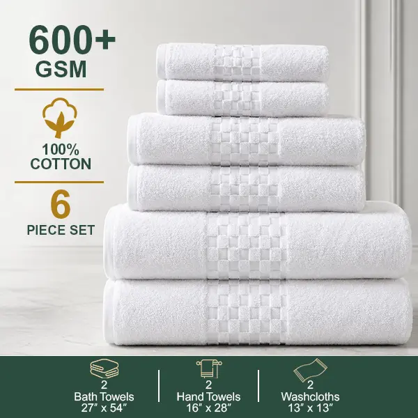 Luxury 6 Piece 600+ GSM 100% Cotton Towel Set Ultra Soft Hotel Quality Luna Border