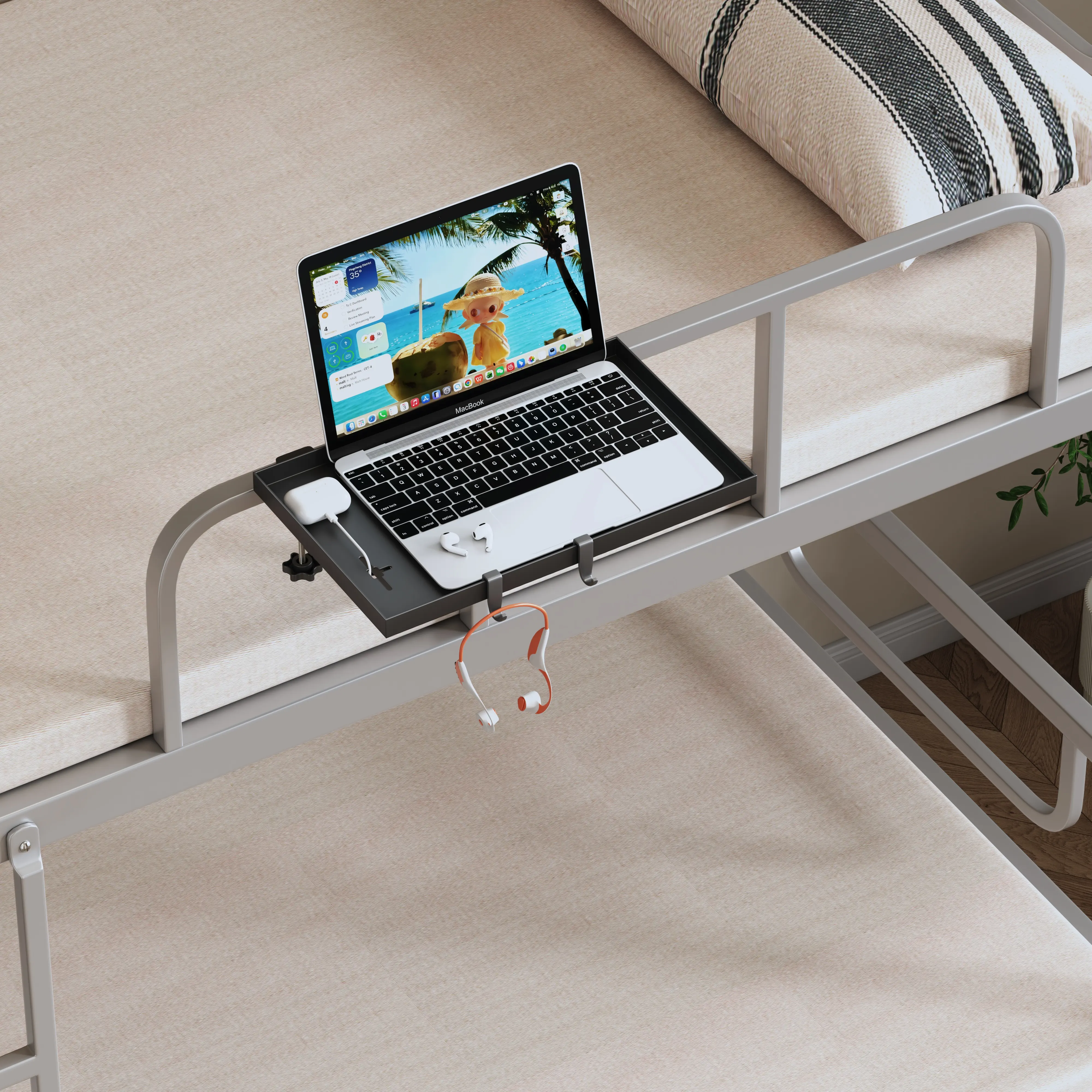 90° Foldable Carbon Steel Hanging Bedside Shelf - Free-Drill Clip-On Rectangular Bedside Tray with Cable Holes, Detachable Hooks - Space-Saving Storage Organizer for Dorm Bunk Beds Students, Easy Installation Home Supplies