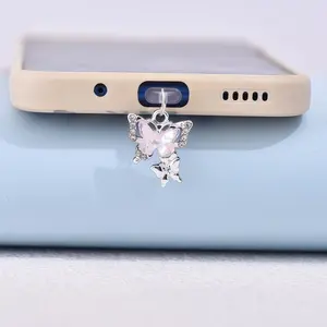Mobile Phone Dust Plug - Creative Pink Rhinestone-Encrusted Butterfly Mobile Phone Dust Plug Pendant - Compatible with iPhone, Type-C and Android Dust Plugs - Compact and Practical - Suitable as a Small Gift Phone Accessories