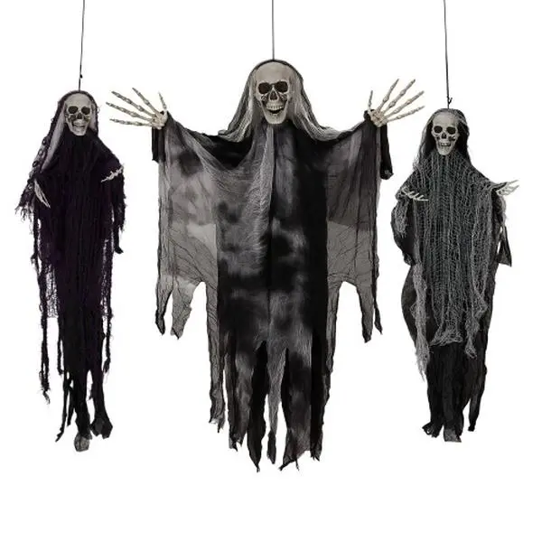 Ubesgoo 3-Pack Plastic Hanging Halloween Skeleton Ghosts Decorations with Tattered Robes, Reusable Grim Reapers for Outdoor Party Decorations, Figures, Props