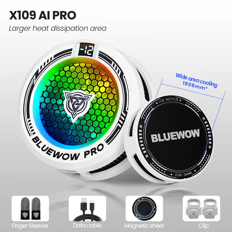 bluewow X109 AI Pro Magnetic & Clip-On Phone Cooler - Portable, RGB Lighting, 3-Speed TEC Semiconductor Fast Chill, Adjustable Speed USB Fan, iOS & Android Device Protection (Purple Cable Included), Adjustable Speed Fan