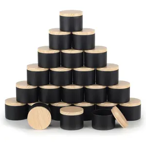 24 Pcs 8oz Matte Black Bulk Empty Candle Tins with Wood Grain Lids for Candle Making Storage and Gift