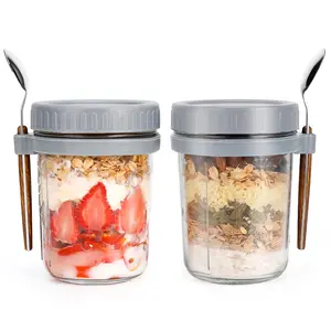 2025 New Glass Overnight Oats Jars, Yogurt, Cereal, Salad Lunch, Glass Overnight Oats Containers with Lids and Spoon, Container with Measurement Marks Kitchen Utensils Grey