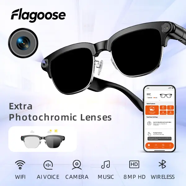 Flagoose Wearable AI Smart Glasses for Men - 8MP HD Video, 1080P Photo Recording, Button Touch Adjustment, AI Translation, Voice Assistant - Outdoor Cycling, Daily Use Gift for Birthday for Men