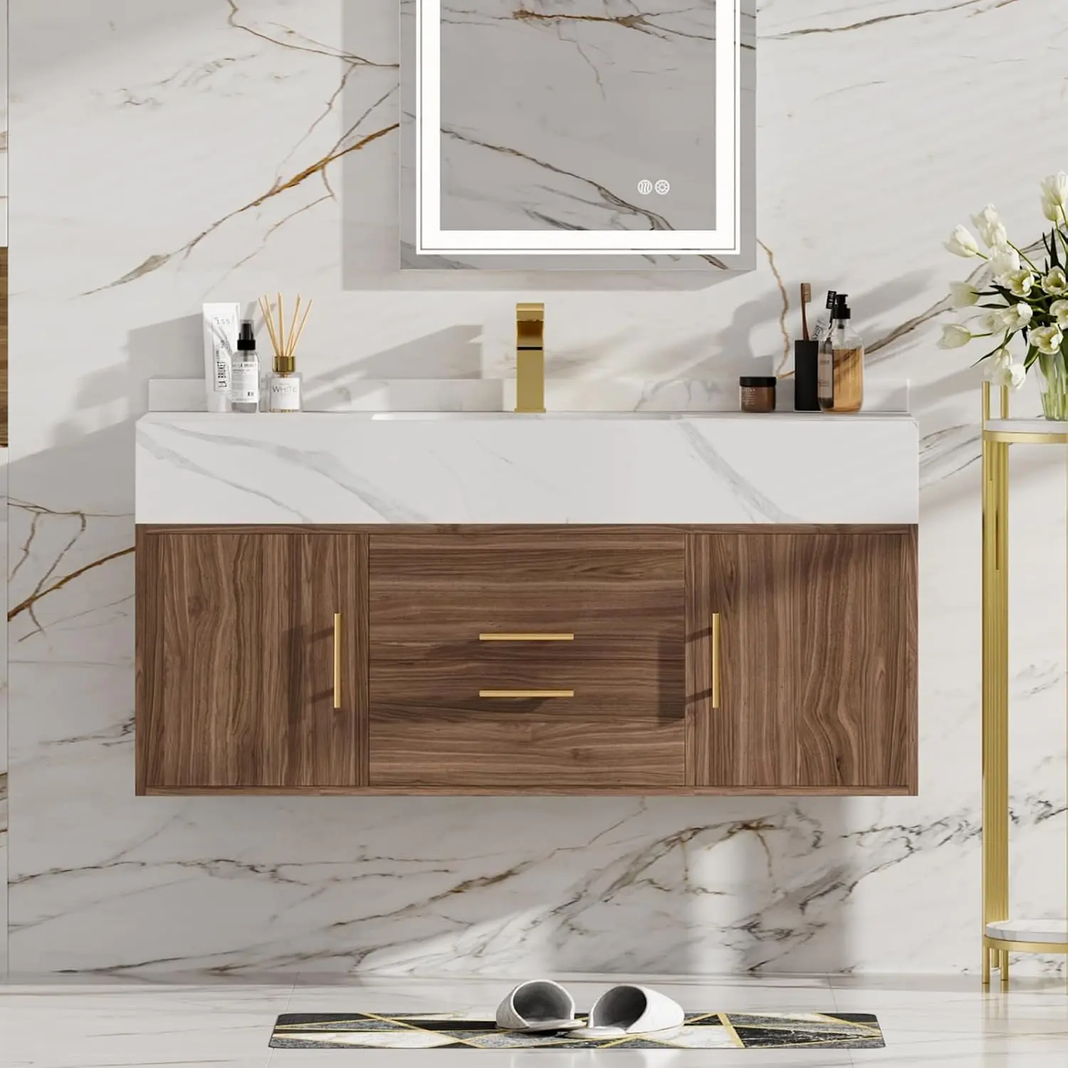Homary 39.4" W x 18.9" D Modern Floating Bathroom Wall Cabinet Vanity with Sink - Walnut Wood Finish, Sintered Stone Countertop, Undercounter Ceramic Sink, 2 Drawers, 2 Storage Cabinets, Assembly Required, Modern Home Furniture,dorm essentials,home decor