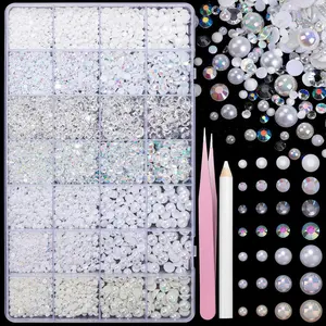 22000 Pcs White Flatback Pearls and Rhinestones Bedazzling Kit, Resin Rhinestones Gems for Crafting, Mixed Size Half Pearls Gems for Nails Face Eyes Makeup Bottles Shoes DIY Crafts