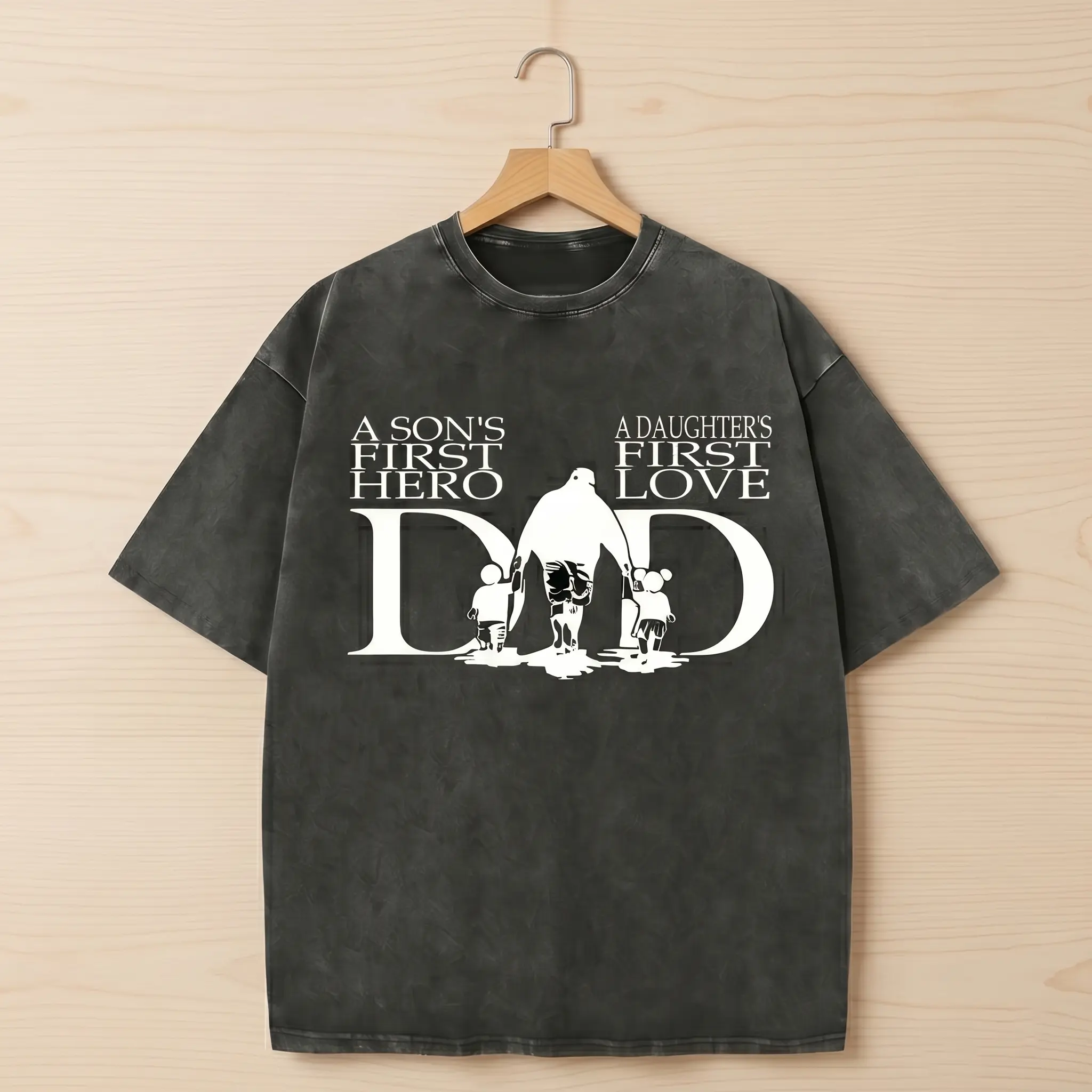Dad A Son's First Hero A Daughter's First Love Vintage Washed Graphic T-Shirt, Proud Father Family Silhouette Tee for Fathers Day Tshirt Summer Top Streetwear