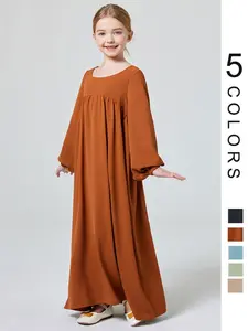 Muslim Girl's Solid Ruched Bishop Sleeve Smock Dress without Hijab, Abaya Dress, Modest Outfits, Modesty, Cute Casual Round Neck Long Sleeve Dress for Daily Wear, Kid's Summer Clothes, Kids Girls Clothing