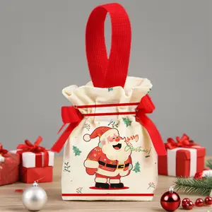 Christmas Present Bags Drawstring Treat Bags Cute Santa Print Candy Bags Party Supplies for Home