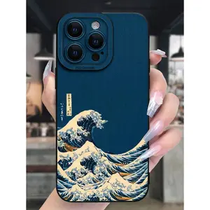 Ocean Blue Wave Painted Perforated Black Painted Minimalist Fashion Shockproof Phone,Suitable For IPhone17/IPhone17 Air/IPhone17 Pro/IPhone17 Pro Max/16 Pro Max/15 Pro Max/14 Pro Max/13 Pro Max/12 Pro Max/11 Pro Max