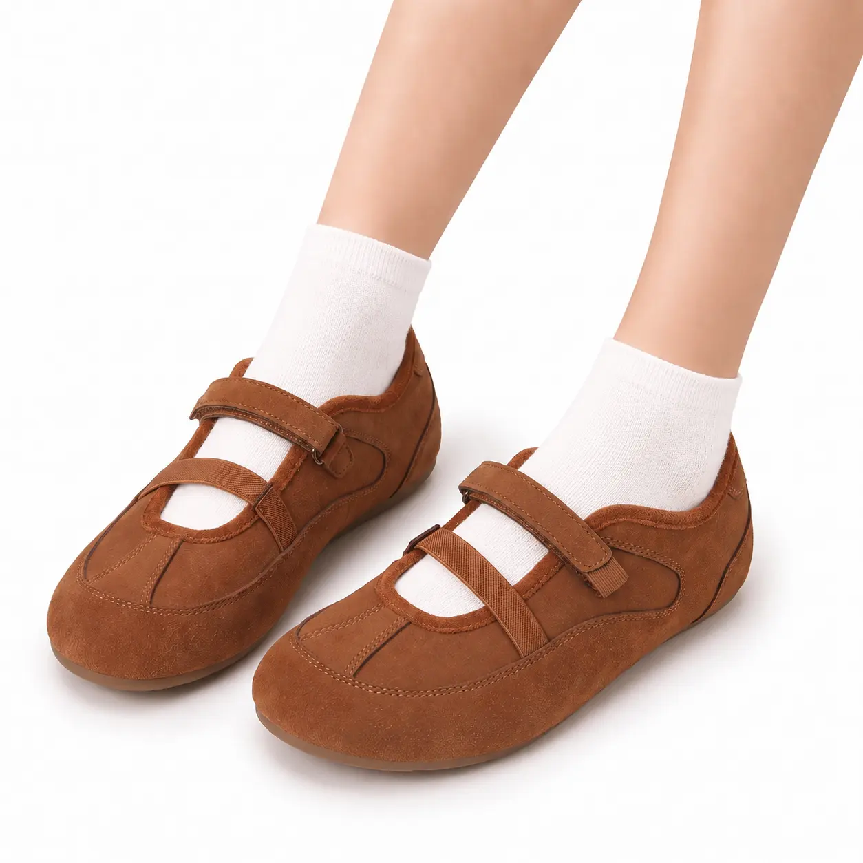 BERNESS Benny Women's Retro Round Toe Mary Jane Flats - Brown Faux Leather Double Strap Casual Shoes with Hook-and-Loop Closure, Plain Design, Cushioned Bed for Work, Casual Wear, Hook & Loop, Everyday Walks, Classical