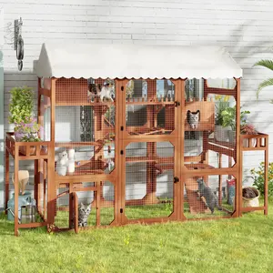 【Memorial Day Deals】Eyisean 107.8" Wooden Large Catio Outdoor Cat Enclosure, Durable Walk In Kitty House with 2 Plant Stands & Wire Mesh, Multi-Level Cats Playpen Cage with Climbing Ramp & Hiding Box, Waterproof Cover, for Multiple Kitty