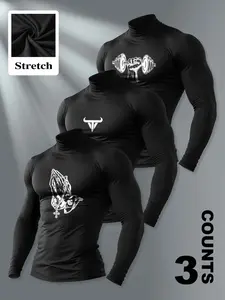 Men's Stretch Muscle-Fit Turtleneck Compression Tees, Compression Muscle Shirts - Gym-Inspired Dumbbell, Praying Hands Prints, Long Sleeve for Training & Fitness, Gym Performance Top, Gym Workout Shirt