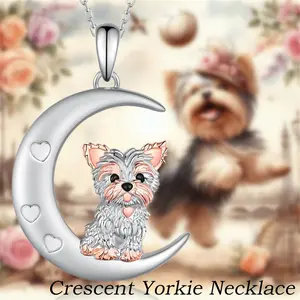 Elegant Two-Tone Yorkshire Terrier Moon Pendant Necklace - Unique Celestial Pet Memorial Jewelry, Durable Alloy Charm with Adjustable Chain for Dog Lovers, Perfect Gift for Birthdays & Anniversaries