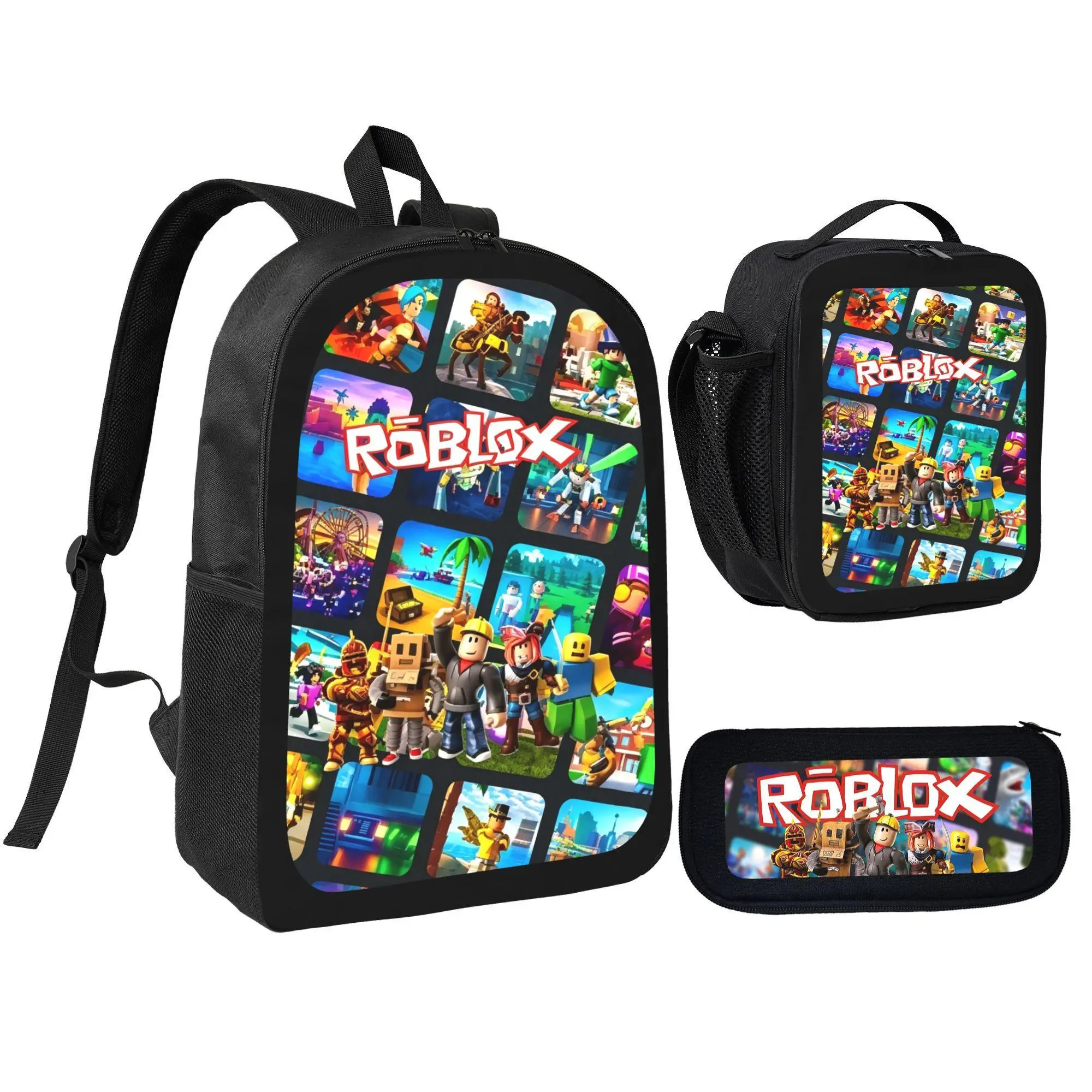 Roblox Pixel Avatar Squad Themed 3 In 1 Backpack Set Polyester Spacious Bookbag With Lunch Bag And Pencil Case Lightweight Daily Commute Daypack Game Collector Gift