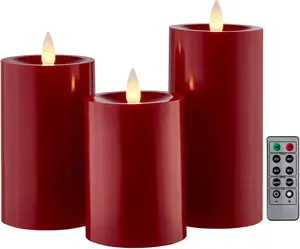 Flameless Pillar Candles Flickering with Remote Timer,  Operated LED Candles Up to 400 Hours, 3D Moving Flame Real Wax Candles, Set of 3, D3 x H4, 5", 6",Remote Included (Red)