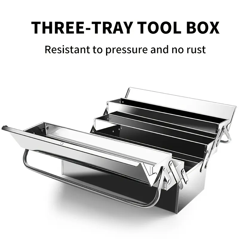 OUDISI Extra Large Heavy Duty Stainless Steel Folding Tool Box - Lock Mechanism, 2-Layer/3-Layer Multi-Tray Set, Folding Handle, Waterproof Surface, Rust-Proof, Spacious Storage for Workshop, Garage