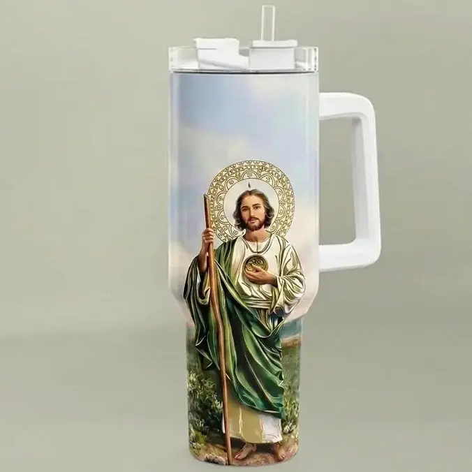 40oz Saint Jude Thaddeus Stainless Steel Insulated Tumbler - Reusable Wide Mouth Water Bottle with Handle, Straw, Lid, Catholic Christian Religious Gift for Adults