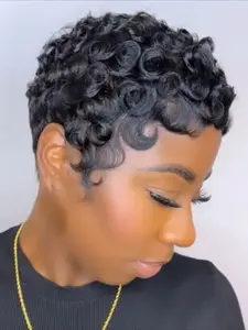 Curly Wave Wig Pixie Cut Wig for Women Halloween Wig Full Machine Made Wig 150% Density 6 Inch Human Curly Wig