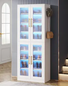 Tribesigns 8-Tier Shoe Organizer with LED Lights for Entryway - Tall Cabinet with Acrylic Doors, Adjustable Shelves and Hooks, White