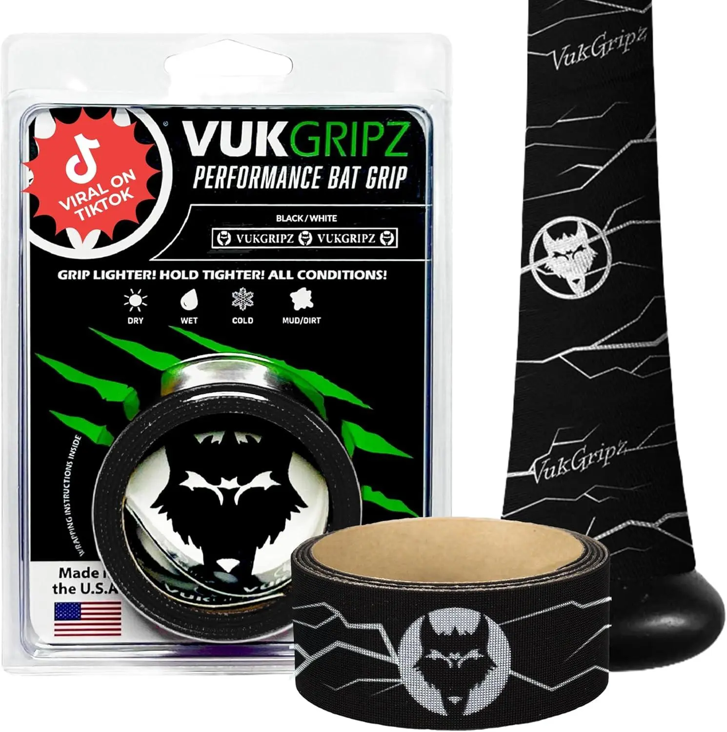 VukGripz Pulse Bat Grip Tape - Grippy (Not Sticky) for Sweat, Rain & Heat | USA Made