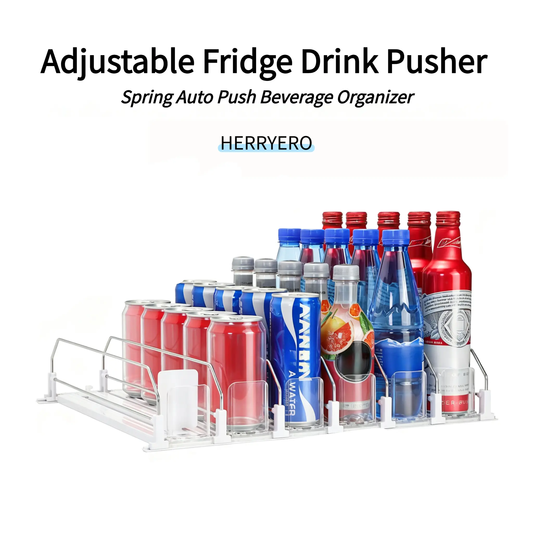 HERRYERO fridge organizer,Adjustable 3/5/6 Row Racks, Refrigerator Self-Pushing Beverage Dispenser, Home Kitchen Storage for Canned Drinks
