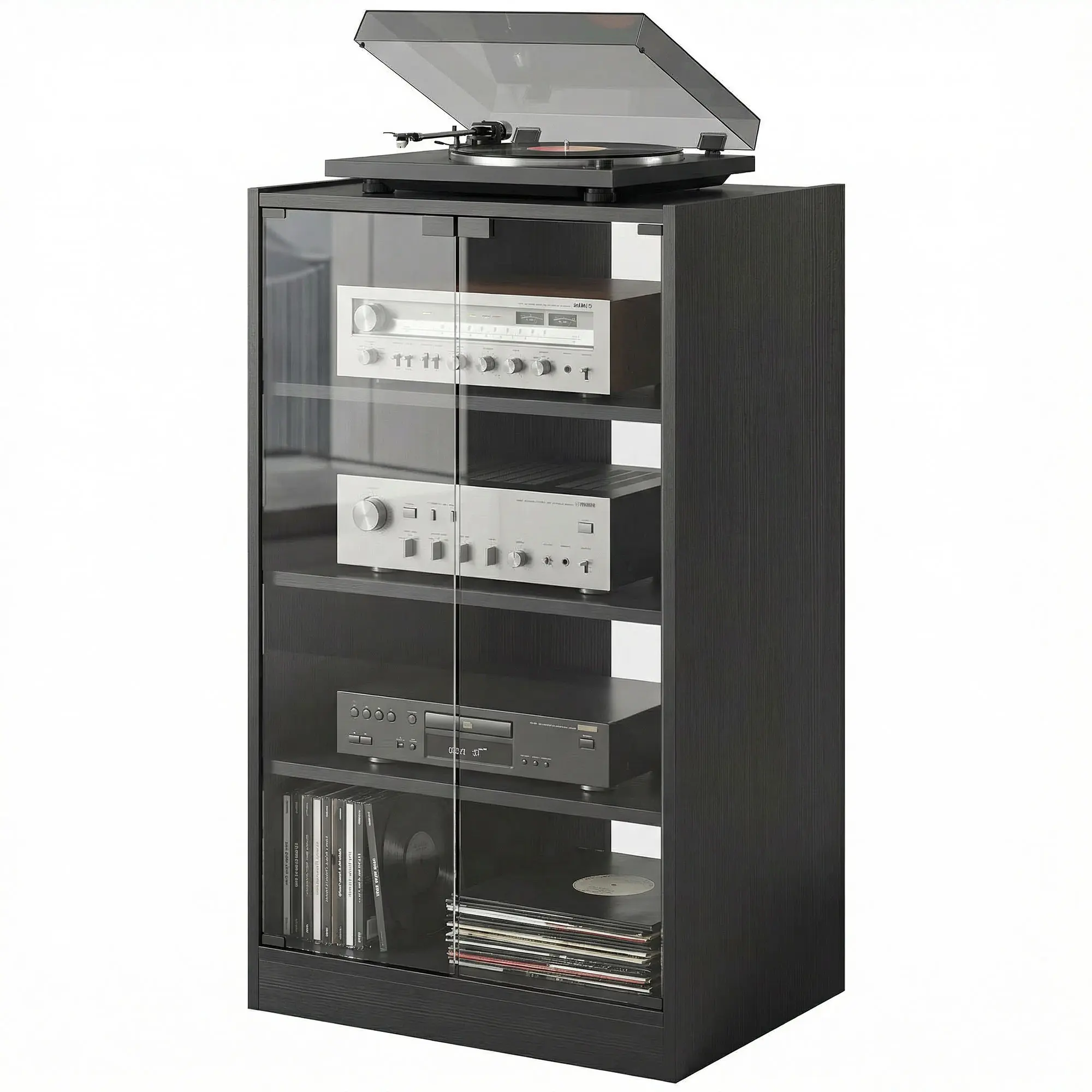 4 Shelf Media Stand with Push to Open Glass Doors No Handles 2 Adjustable Shelves 3 Levels Each for PlayStation Xbox Router for Apartment Small Space Studio
