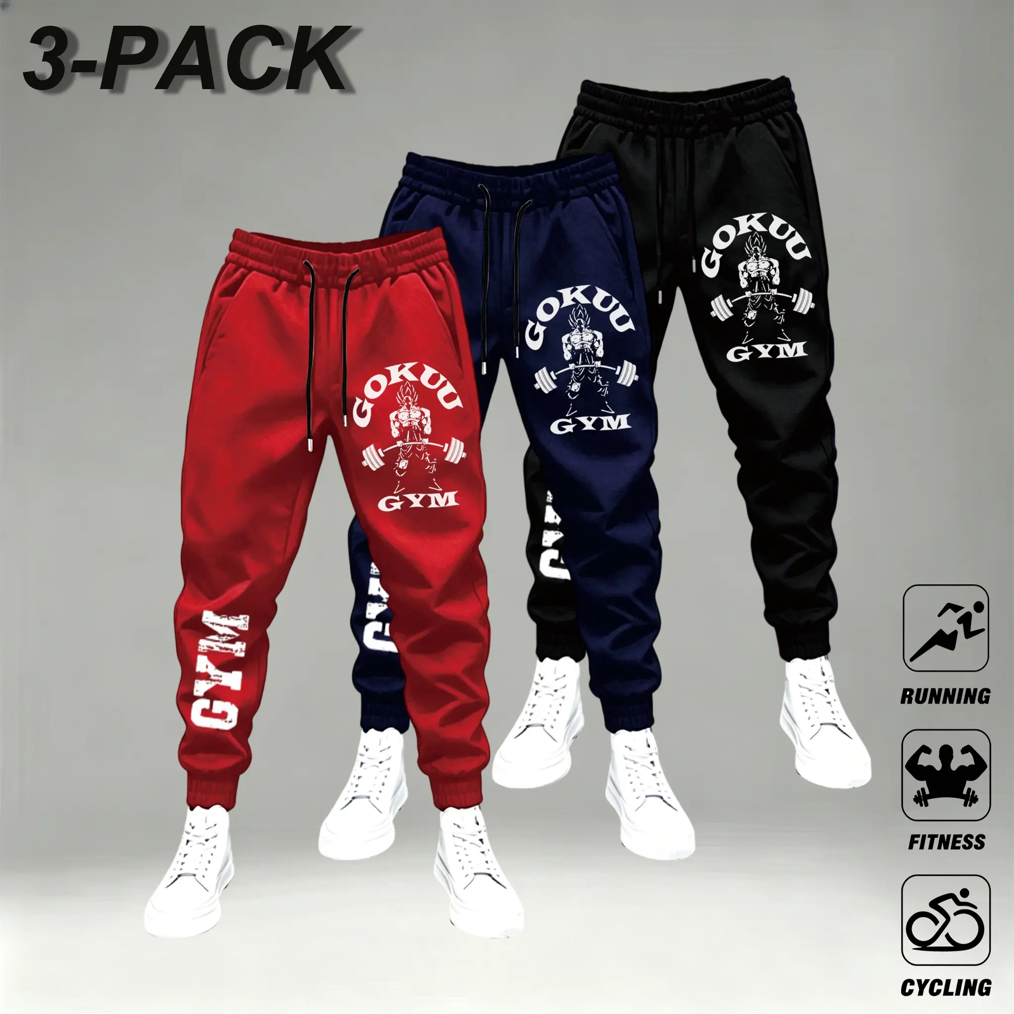 GOKU 3 Pack Gym Joggers for Men - Red, Navy, Black - Ideal for Running, Fitness, and Cycling - Comfortable and Stylish,weight lifter graphic casual joggers,retro gym print athletic sweatpants,unisex workout tapered knit pants