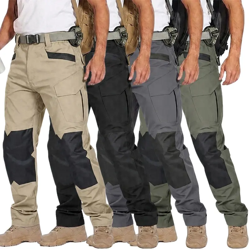 HOMUG Men's Tactical Work Pants, Pack of 4, equipped with an elastic waistband and pockets. Made from a new 230 g/m² fabric; anti-tear military work pants / mountaineering pants / pants with six pockets